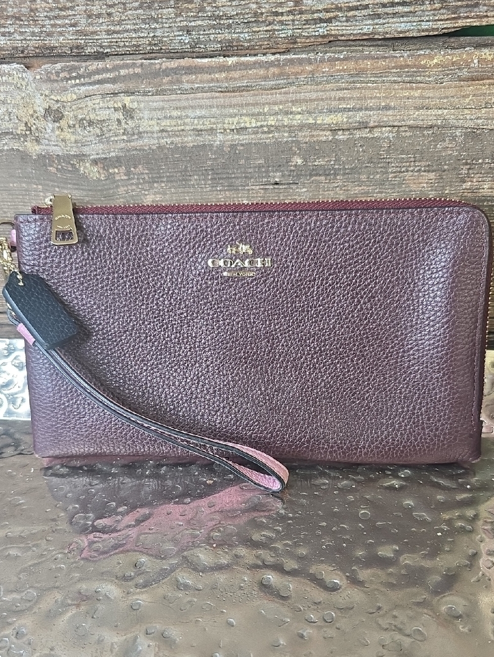 Coach Pebbled Leather Wristlet Clutch in Burgundy
